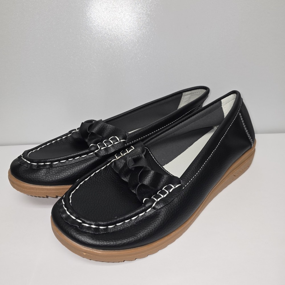 Solsagn G Ladies Loafers Black Size 8 Slip On w/Cross Tie Decoration