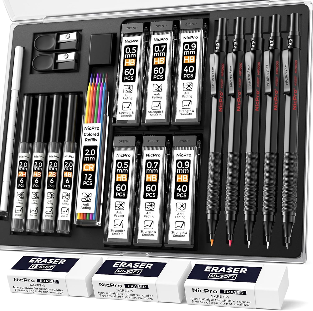 22PCS Art Mechanical Pencil Set, Black Artist Metal Drafting Pencil 0.5 & 0.7 &