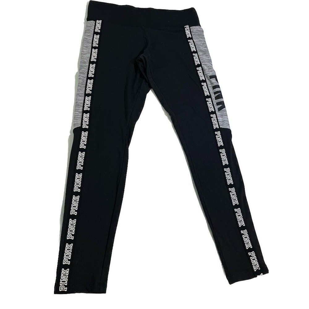 Victoria's Secret Pink Yoga Flat Crop Legging Black Side Stripe M Spell Out