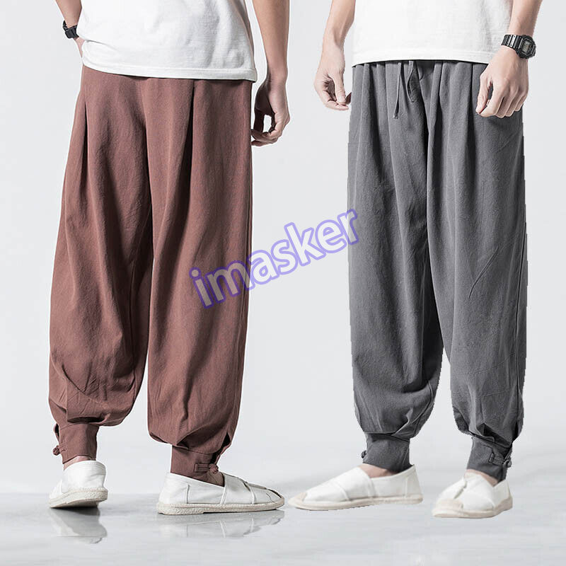 Men Casual Harem Loose Cotton Pants Linen Chinoiserie Kung Fu Tai Chi Trousers