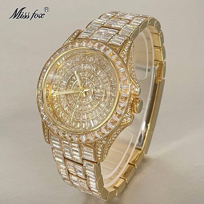 Hip Hop Luxury Men's Ice Out Watch Iced Rapper Bling Waterproof Diamond Gold
