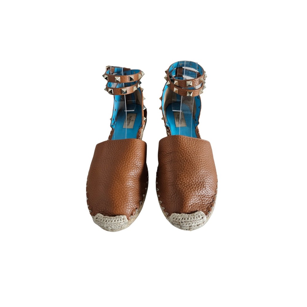 Valentino Brown Leather Rockstud Ankle Strap Flats Espadrille, Size 39