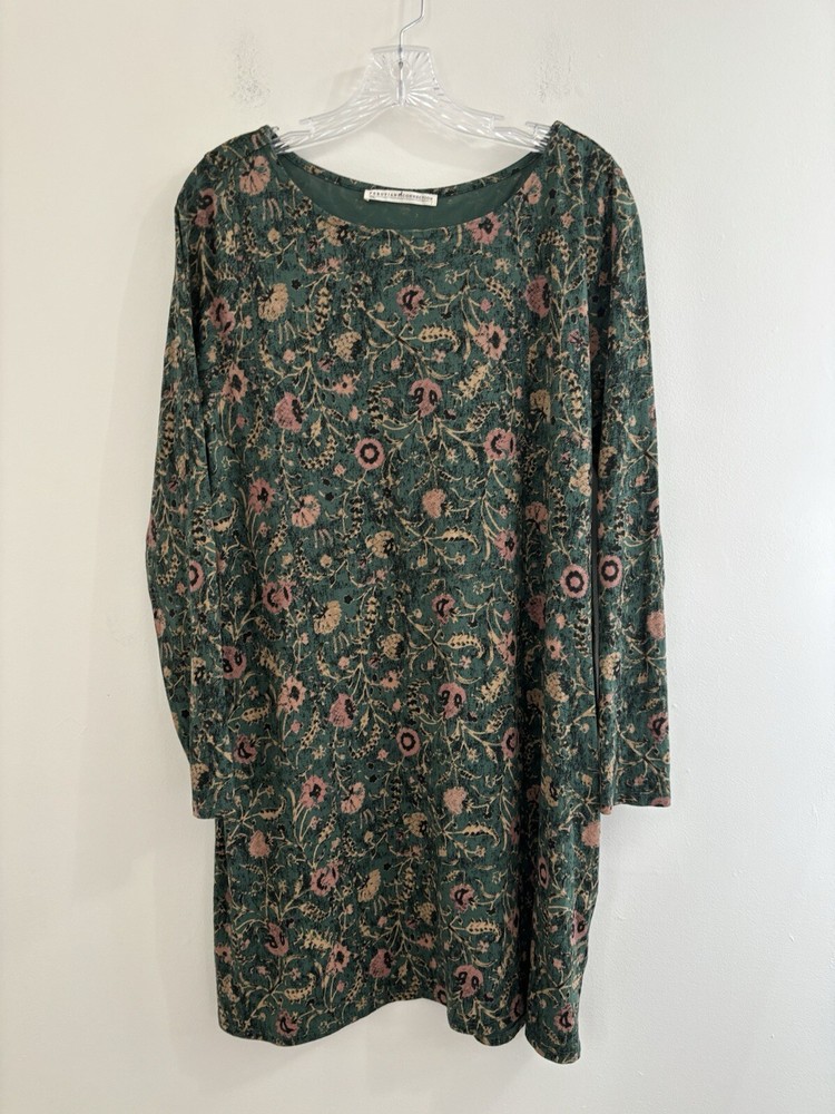 Peruvian Connection Dress Women’s Large Green floral Long Sleeve swing dress