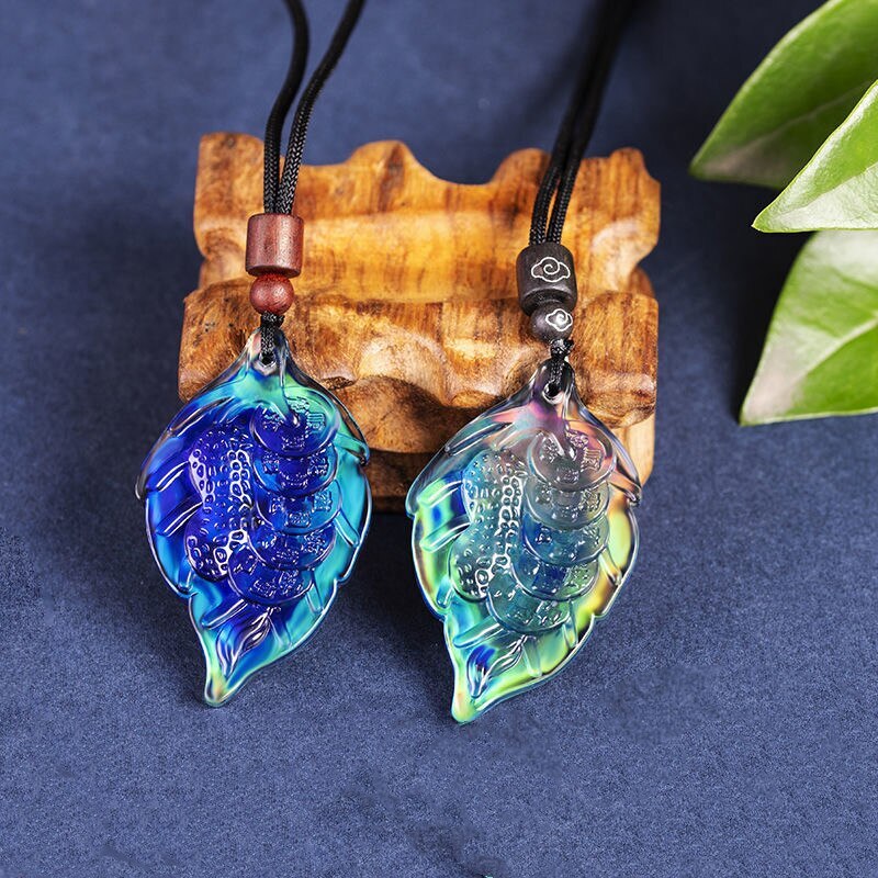 1pc Hand Carved Pixiu Jade Pendant Necklace with Temperature Sensing Leaf Amulet