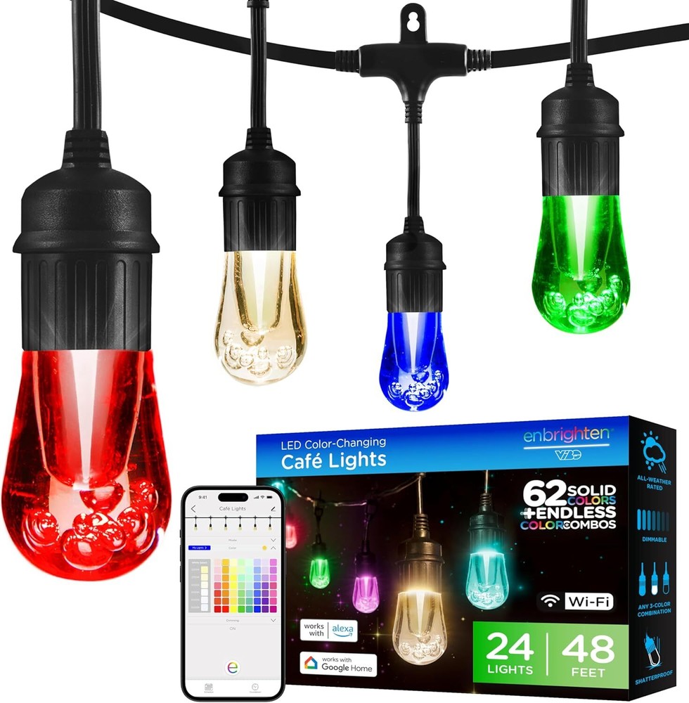 Smart Color Changing String Lights 48ft Black Cord 24 Shatterproof Acrylic Bulbs