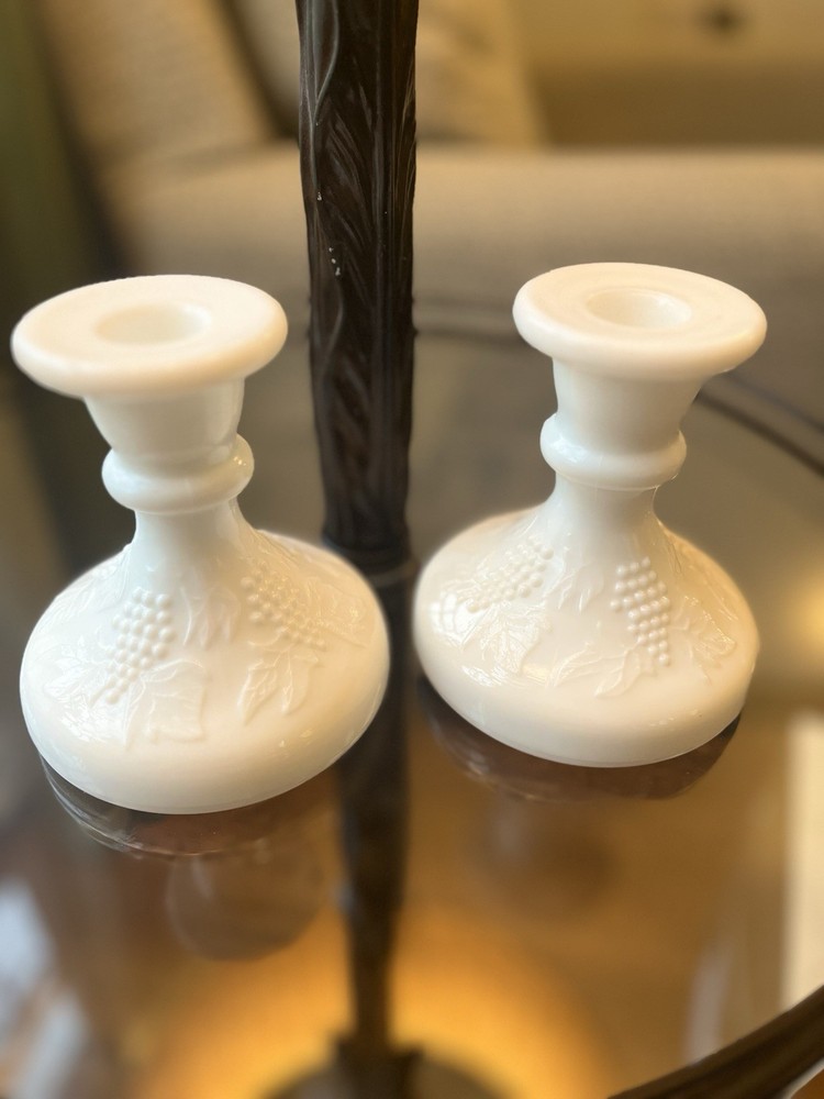 Indiana Glass Colony Harvest Grape Milk Glass Candlesticks Pair 4.5x4 Inches