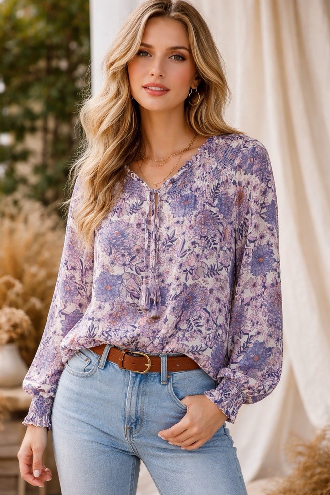 Jane + Delancey Floral Boho Blouse Small Purple Peasant Top Smocked Cottagecore