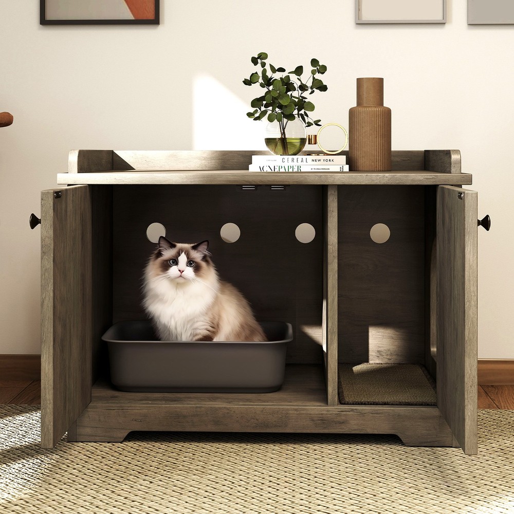 Cat Litter Box Enclosure Furniture Cat Washroom Cabinet with Scratching Pad