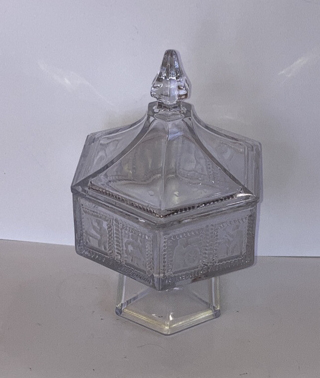 Vintage Hexagon Glass Candy Dish on Pedestal with Working Pioneermen KK5
