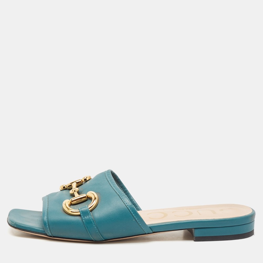 Gucci Green Leather Horsebit Flat Slides Size 36.5 Women