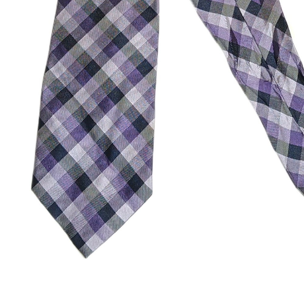 DKNY Mens 62 Inch Purple Black Gingham Plaid Silk Tie Preppy Western Style