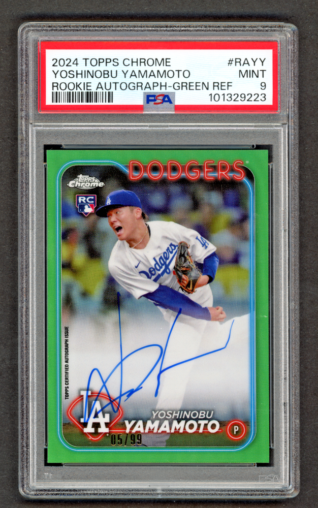 2024 Topps Chrome - Rookie Autographs Yoshinobu Yamamoto #RA-YY Green Refractor /99 (AU, RC)