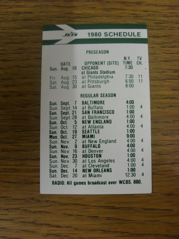 1980 American Football: NFL Schedule/Fixture Card - New York Jets (2