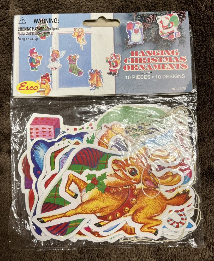10 Sealed Vintage Esco Die-Cut Christmas Ornaments Featuring Elf Santa Reindeer Stocking