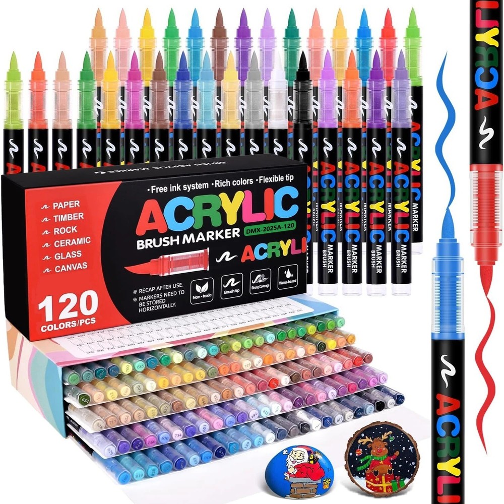 Acrylic Paint Markers Brush Tip Set Flexible Pens Rock Painting Wood Glass Canva