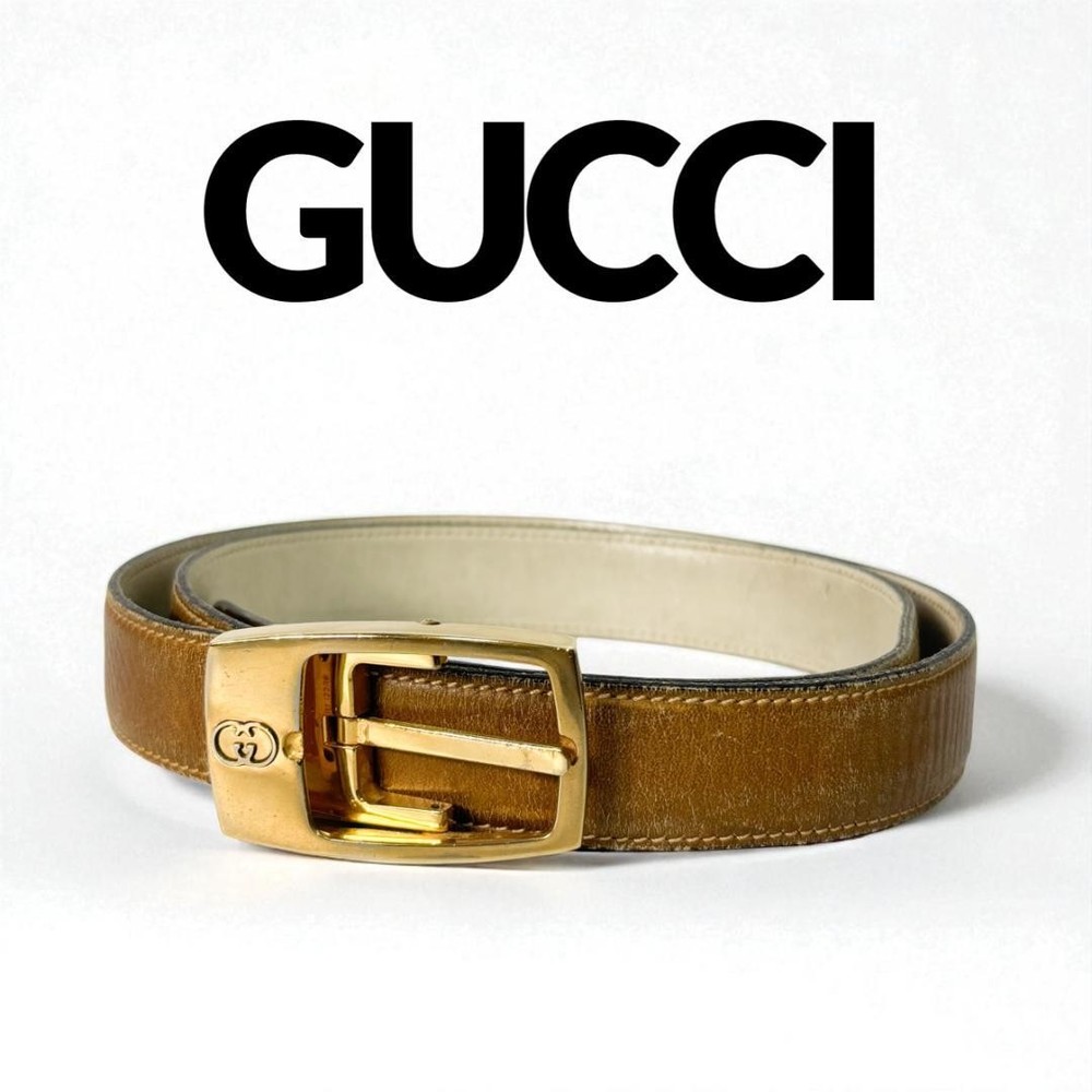 Authentic GUCCI GG Logo Buckle Belt in Brown Leather with Gold Hardware Made in Italy