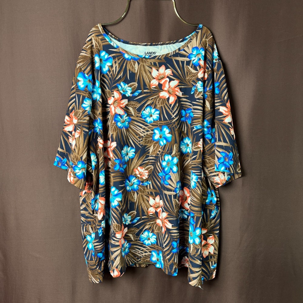 Lands End Womens M Elbow Sleeve Relaxed Swim Cover Up Rash Guard Tee Deep Sea