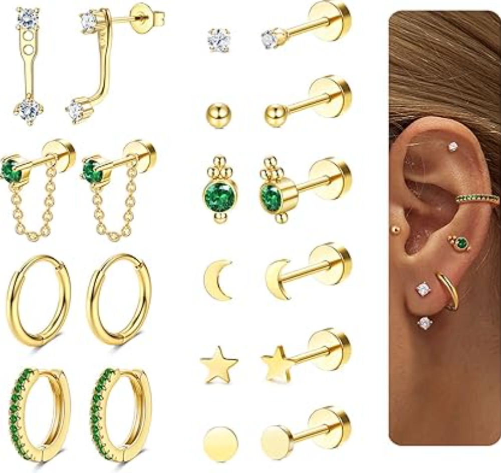 Dainty Gold Flat Back Hypoallergenic Cartilage Earrings for Multiple Piercings