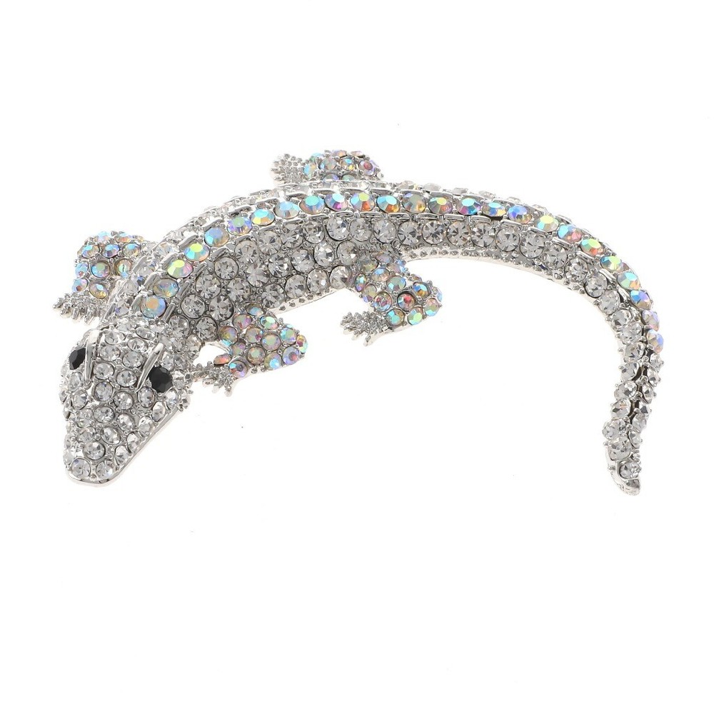 Silver Tone Metal Large Alligator Rhinestone Brooch P1247-SAB