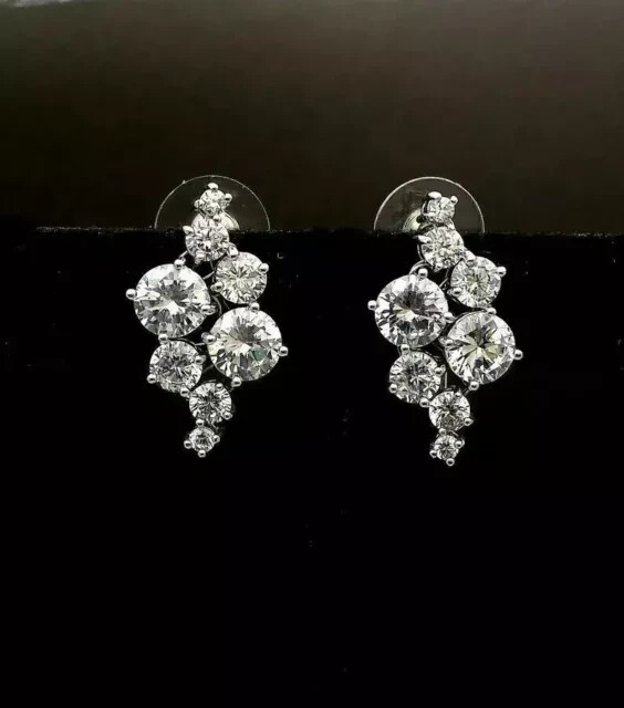 2.20Ct Round Cut Real Moissanite Cluster Stud Earrings 14K White Gold Plated