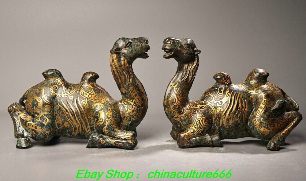 9.1''Old Chinese Dynasty Bronze Ware Gilt Inscription Camel Pair Statue