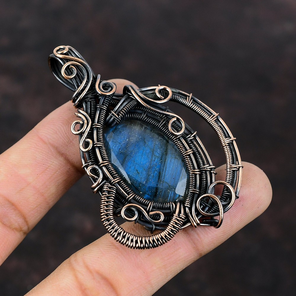 Cyber Monday Deal Copper Natural Labradorite No Stone Wire Wrapped Boho Pendant-image