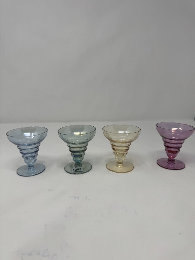 Vintage 1980s Hand Blown Pastel Ribbed Swirl Art Glass Coupes Set of 4
