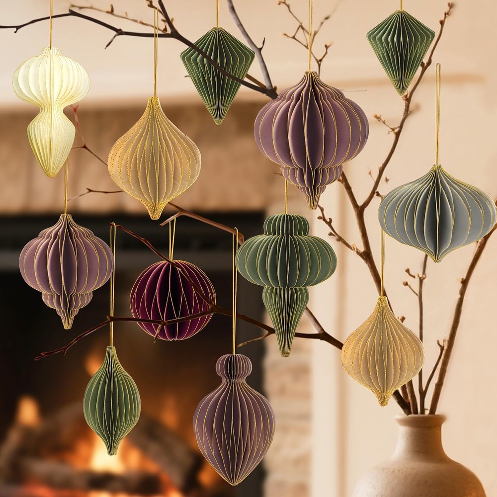 12 Pcs Christmas Paper Honeycomb Ornaments for Tree, 3D Glitter Edge Paper Honey