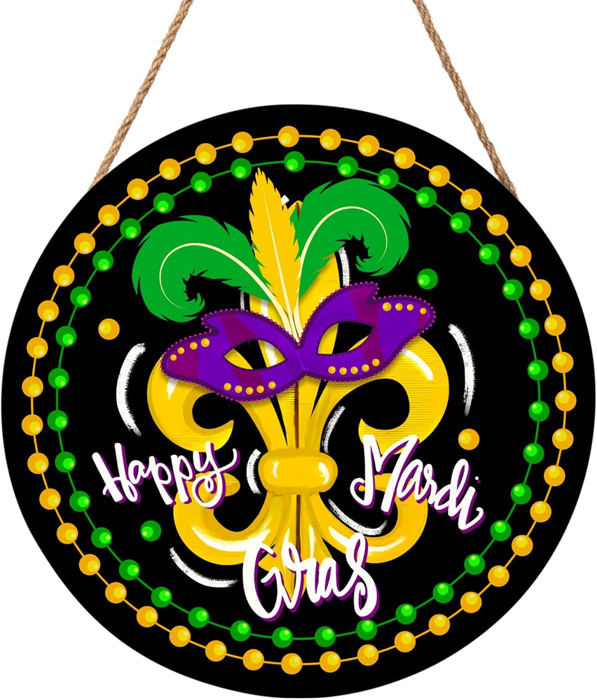 Colorful Mardi Gras Bead Wreath Sign for Front Door Decor