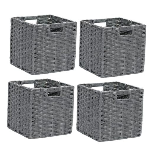 Grey Woven Plastic Cube Storage Baskets 11 Inch 4-Pack for Shelves