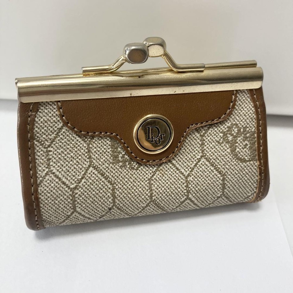 Dior Beige Leather Honeycomb Coin Purse with Gold Hardware