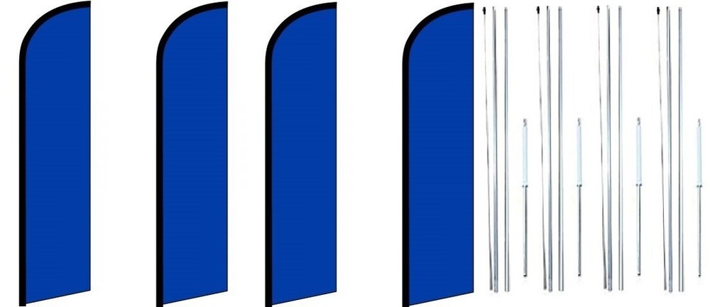 Blue Solid Color Windless Flag With Complete Hybrid Pole set- 4 pack