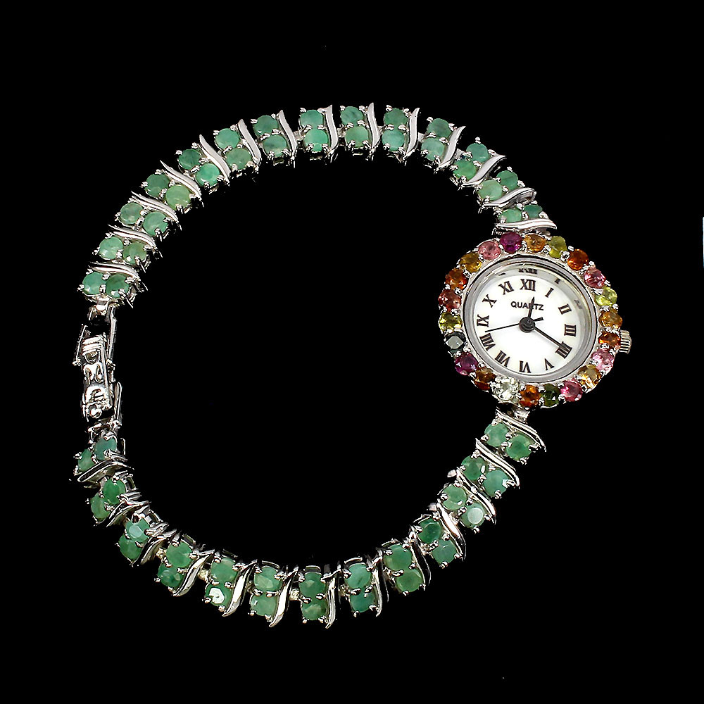 Valentine 925 Silver Watch Round Emerald Tourmaline Gemstone Jewelry 7.5 In