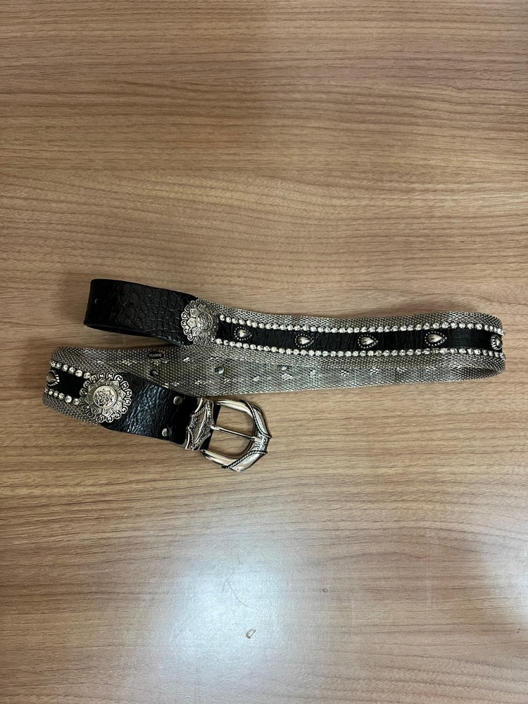 Nanni Milano Black Leather & Silver Metal Mesh Belt , Western Boho Size 80/32