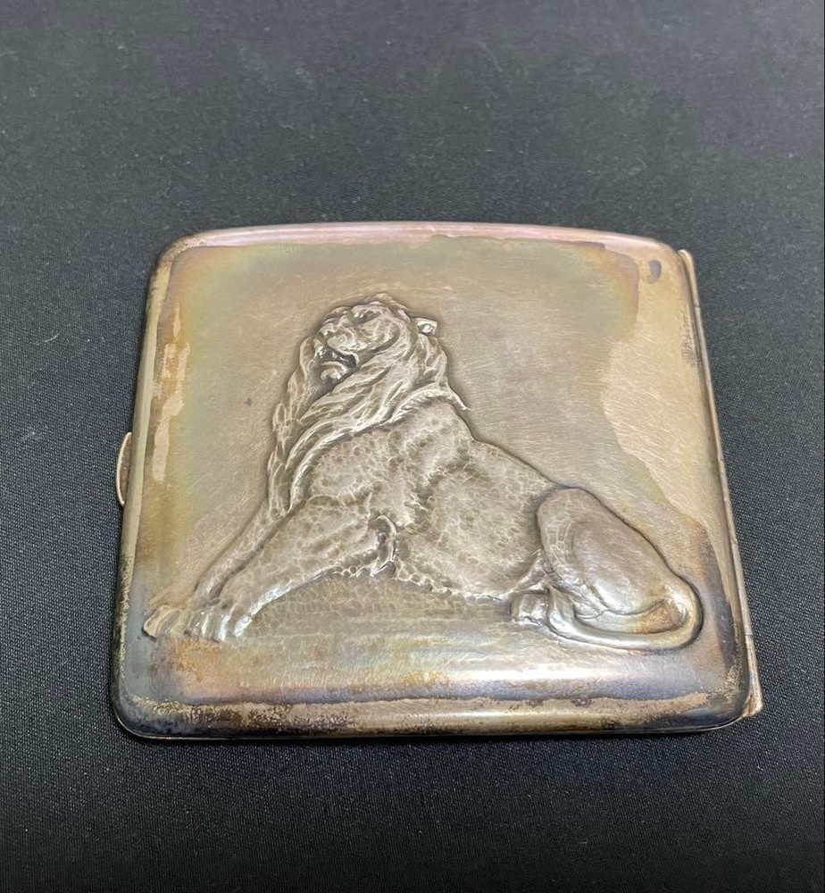 Silver Cigarette Case Lion Design 92.5 Sterling Silver 7.7x8.2cm Used From Japan