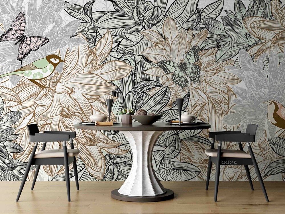 3D Hand Drawn Floral Bird Wall Murals Wallpaper Murals Wall Sticker
