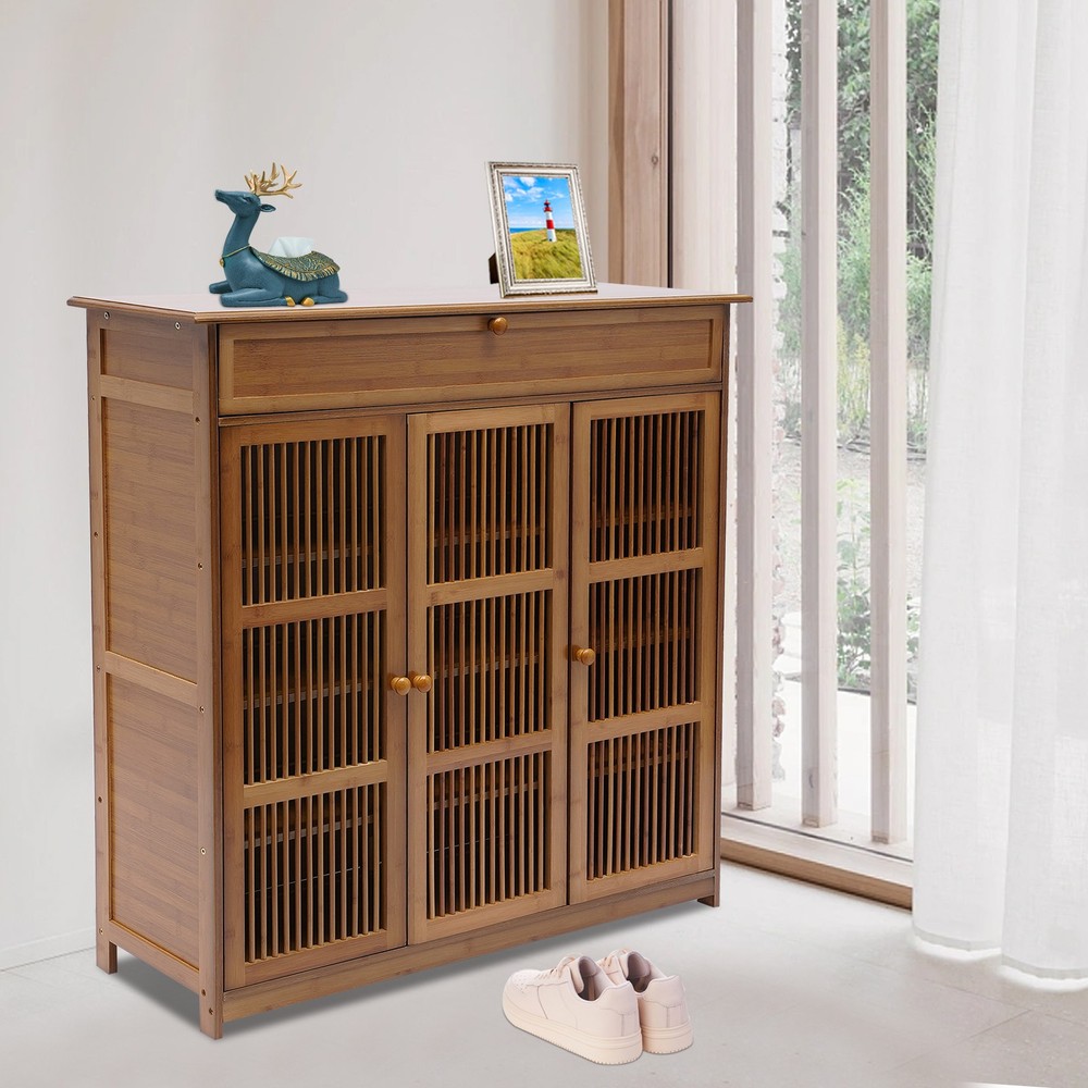 39in Bamboo Shoe Cabinet w/ Drawer 3-Doors Shoe Cabinet High Heels Storage Rack