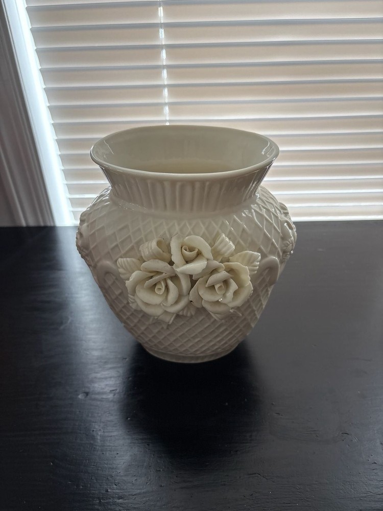 Vintage Ceramic Vase with Embossed Roses and Basketweave Pattern