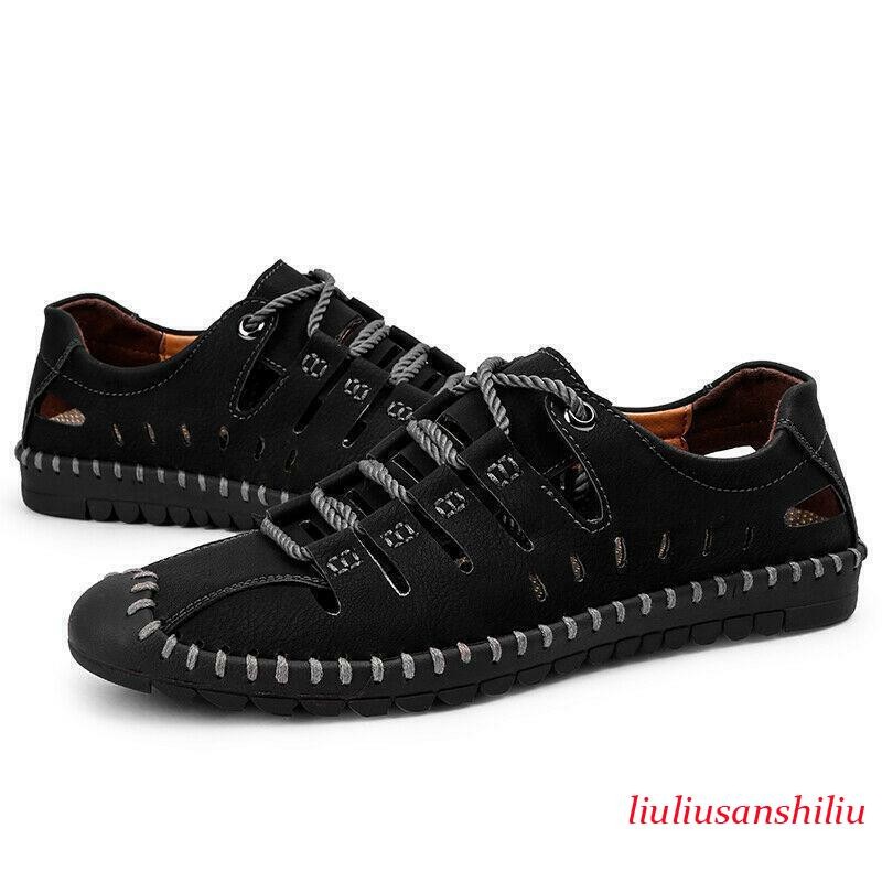Mens Closed Toe Faux Leather Sandals Outdoor Lace Up Hollow Out Casual Shoes SZ