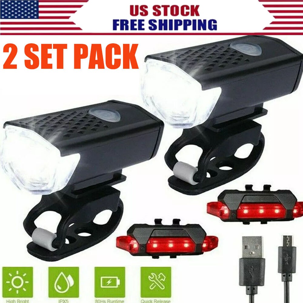 2 Set USB Rechargeable LED Bicycle Headlight Bike Front Rear Light Cycling Lamp