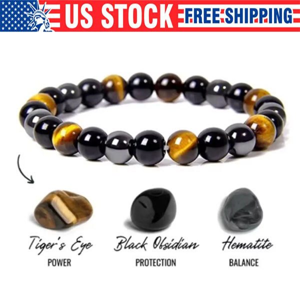 Energy Healing Stretch Bracelet Natural Stone Hematite Tiger Eye for Men Women