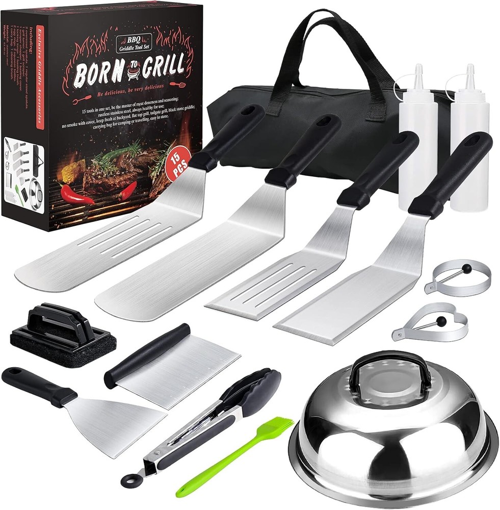 Durable Stainless Steel Griddle Accessory Set - 15 Essential Items Included
