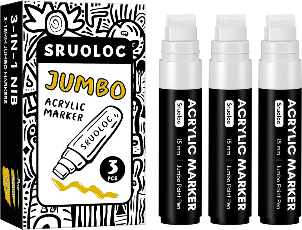 3 Jumbo Permanent Markers White, 15Mm Thick Wide Tip, Large Acrylic Paint Marker