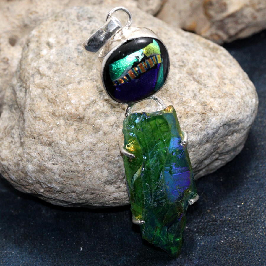 Green Titanium Aura Quartz Dichroic Glass Pendant Jewelry Size 2.6