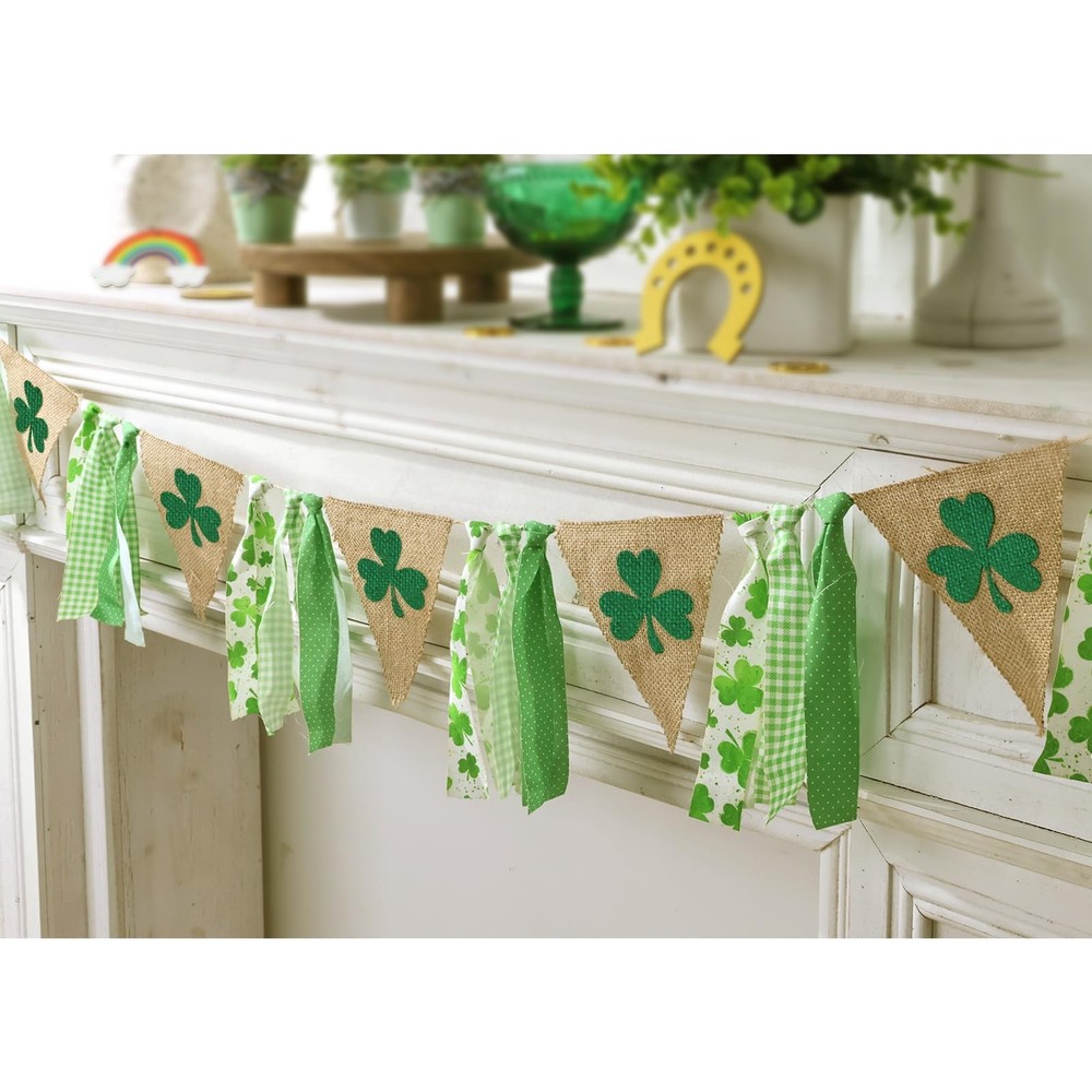 St Patricks Day Garland 6.5ft Green Shamrock Triangle Banner Flag Garland, Ir...