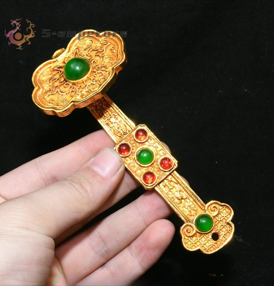 3.9''Old Chinese Dynasty Bronze Gilt Inlay Gems Lucky Ruyi Statue Sculpture