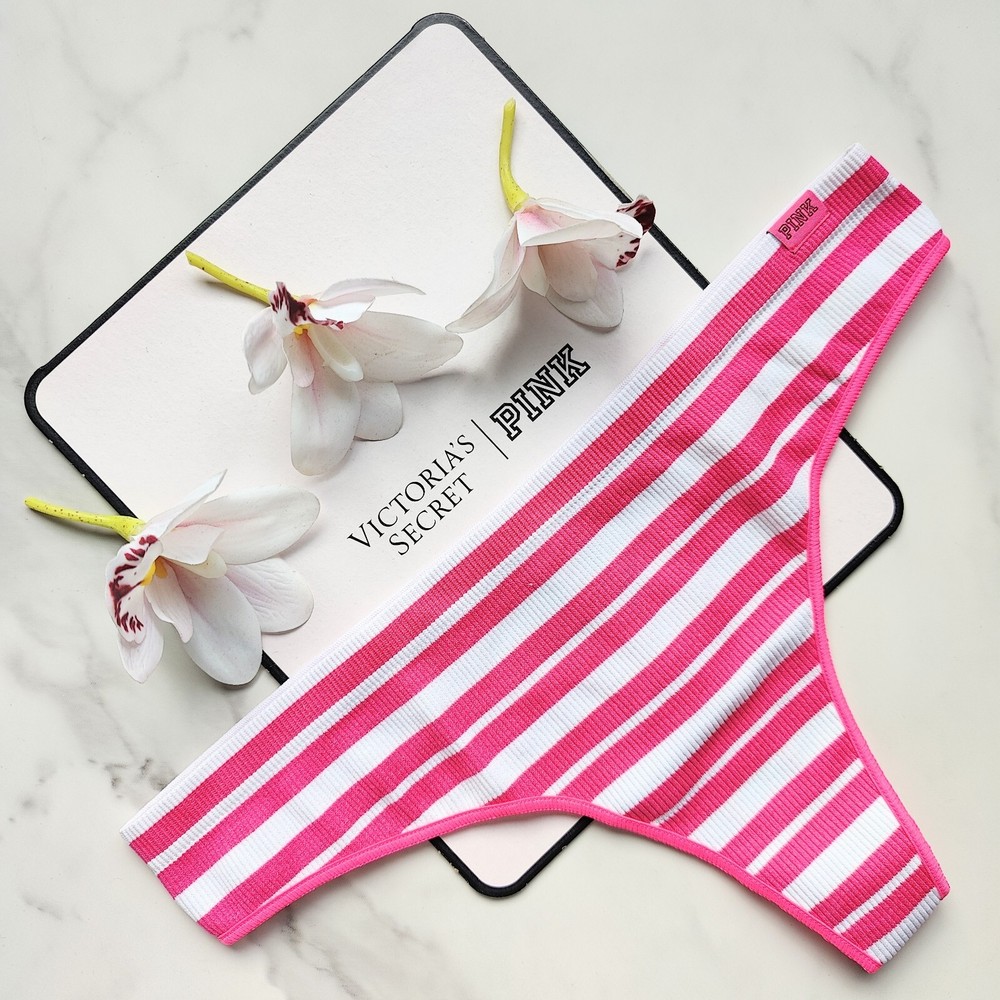 PINK Victoria's Secret Seamless Rib Thong Panty Atomic Pink Striped Size M