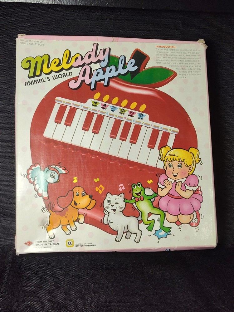 Vintage 80s Animals World Melody Apple Toy Piano Open Box Made In Taiwan Working