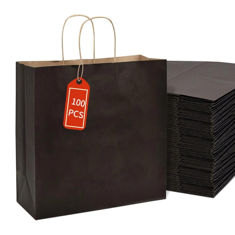 100Pcs Black Kraft Gift Bags with Handles 11x6x11 Inch Square Retail Packaging