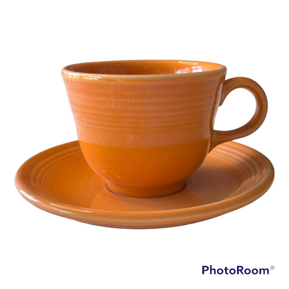 Fiestaware Tangerine Retired Color TeaCup and Saucer Set Collectible Pottery